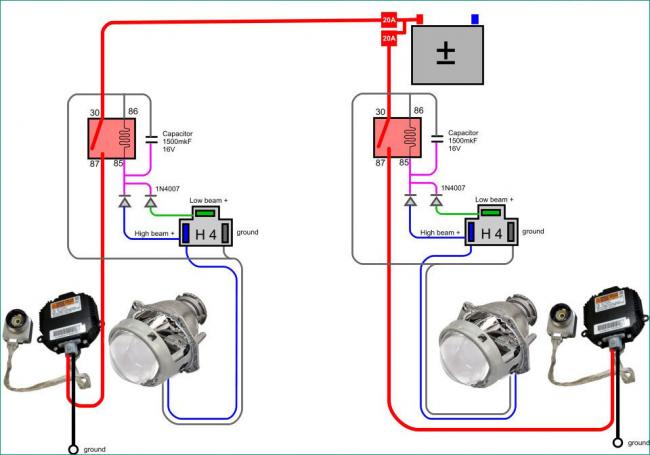 Пример схемы подключения биксенона Пример схемы подключения биксенона