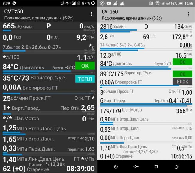 Показания до и после сброса счетчика старения масла Показания старения масла в приложении