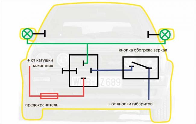 Способ подключения обогревателя зеркал в автомобиле Схема подключения обогревателя зеркал