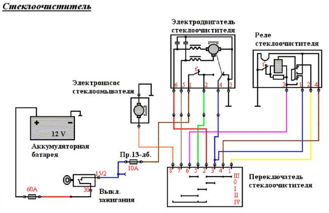 Электрическая схема подключения стеклоочистителей Электрическая схема
