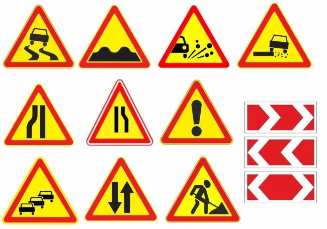 Предупреждающие знаки дорожного движения на желтом фоне Временные предупреждающие знаки